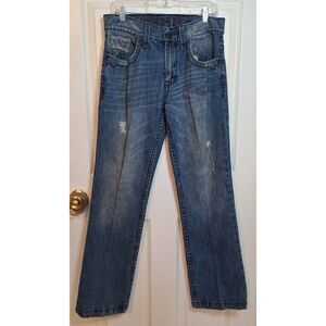 Decree Medium Acid Wash Distressed Mid Rise Bootcut Jeans Embellished Size 32x32